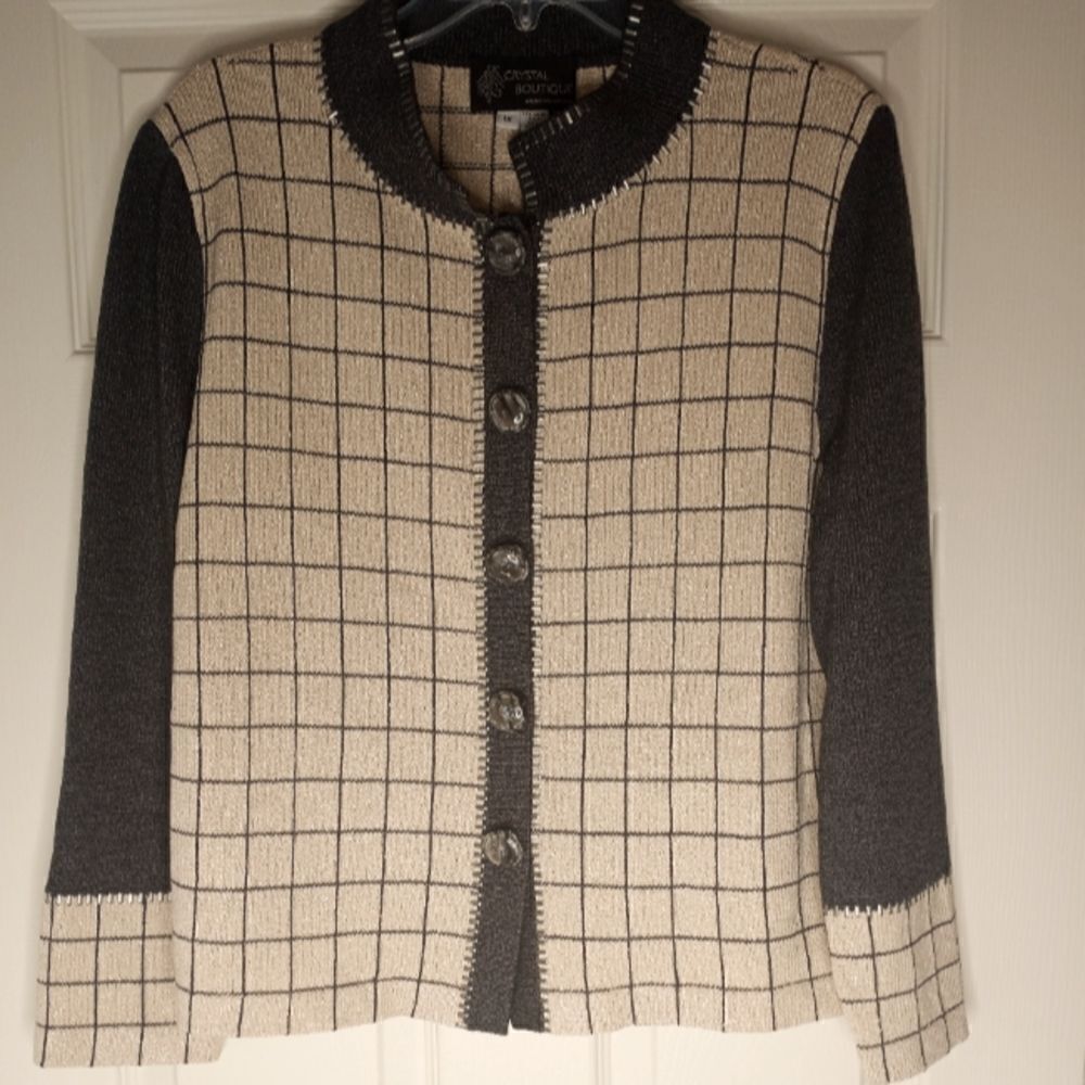 CrystalBoutiqueArlingtonVirginia1XWool BlendBeigeGrayButtonsPlaid WomenCardigan.